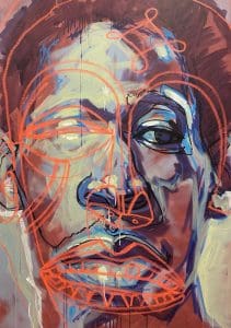 blue and red tone painting of a man's face with one eye and a drawing overtop that outlines his features.